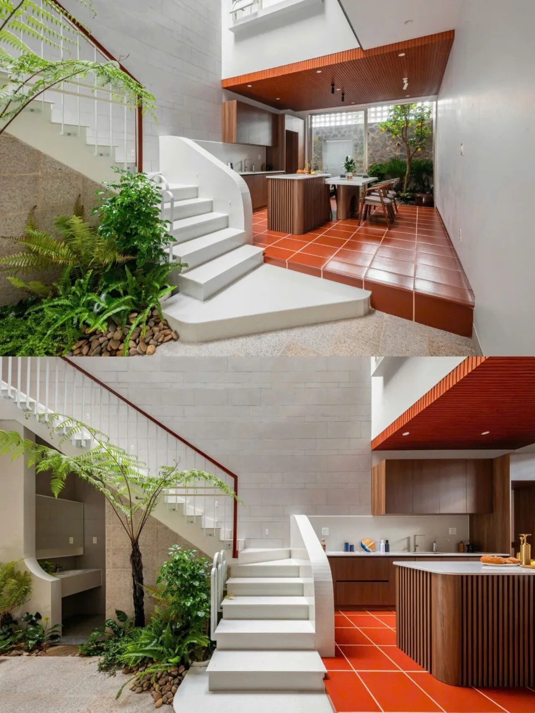 نمای خارجی و داخلی خانه چهار طبقه «شهر غربی» (Casa Cidade do Oeste) در ویتنام با مساحت ۹۰ متر مربع، که طراحی آن شامل نمای ساده، لایههای انبوه گیاهی برای حفظ حریم خصوصی، و فضاهای داخلی پلان باز با نورگیر مرکزی برای ایجاد محیطی آرام و روشن است. نمای خارجی و داخلی خانه چهار طبقه «شهر غربی» (Casa Cidade do Oeste) در ویتنام با مساحت ۹۰ متر مربع، که طراحی آن شامل نمای ساده، لایههای انبوه گیاهی برای حفظ حریم خصوصی، و فضاهای داخلی پلان باز با نورگیر مرکزی برای ایجاد محیطی آرام و روشن است.