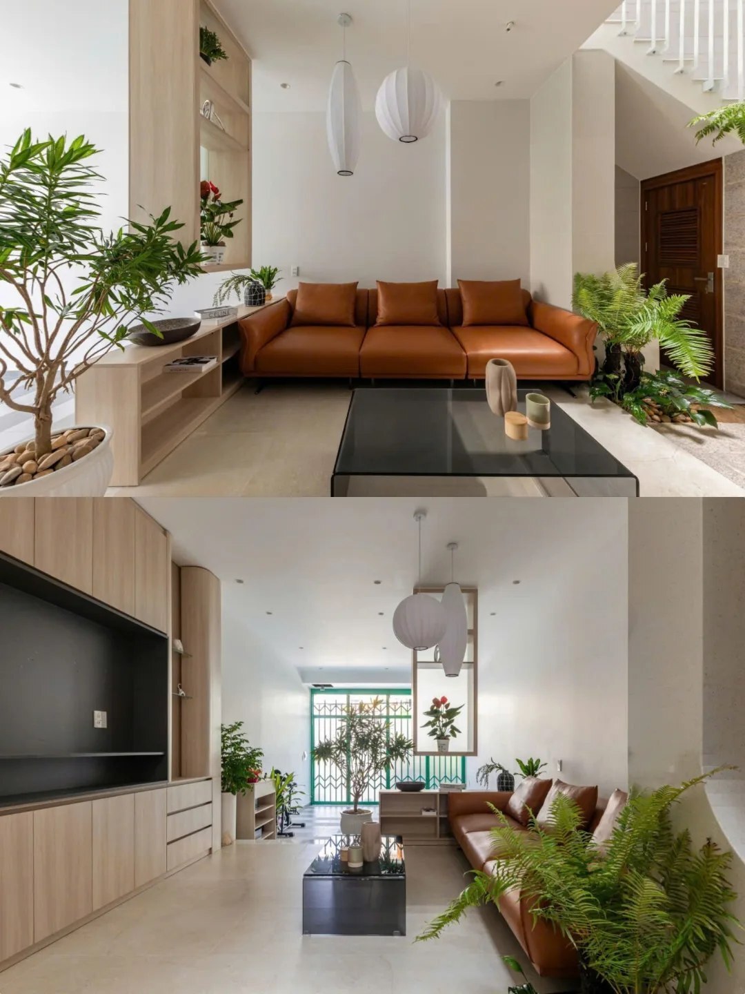 نمای خارجی و داخلی خانه چهار طبقه «شهر غربی» (Casa Cidade do Oeste) در ویتنام با مساحت ۹۰ متر مربع، که طراحی آن شامل نمای ساده، لایه‌های انبوه گیاهی برای حفظ حریم خصوصی، و فضاهای داخلی پلان باز با نورگیر مرکزی برای ایجاد محیطی آرام و روشن است.