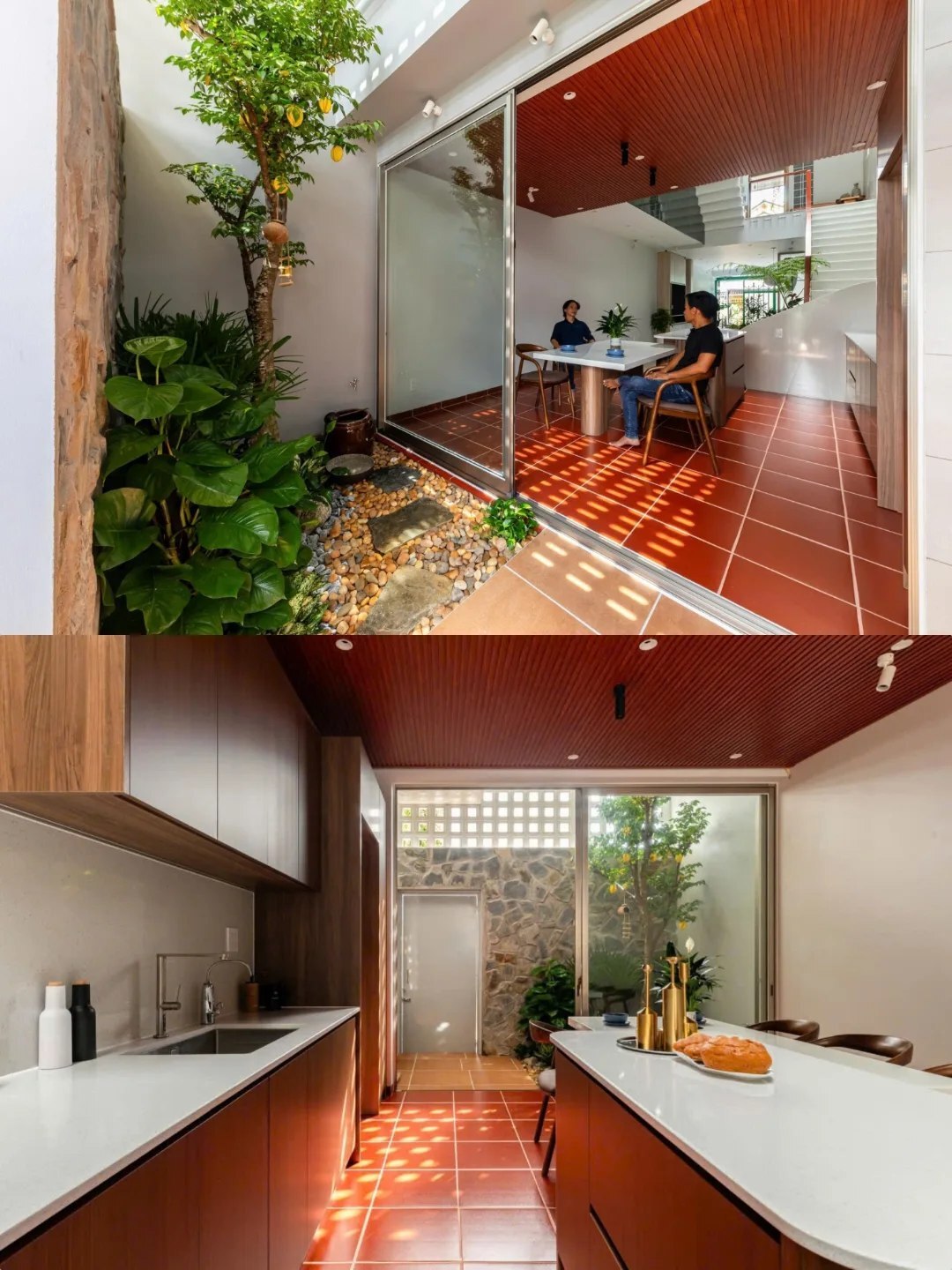 نمای خارجی و داخلی خانه چهار طبقه «شهر غربی» (Casa Cidade do Oeste) در ویتنام با مساحت ۹۰ متر مربع، که طراحی آن شامل نمای ساده، لایه‌های انبوه گیاهی برای حفظ حریم خصوصی، و فضاهای داخلی پلان باز با نورگیر مرکزی برای ایجاد محیطی آرام و روشن است.