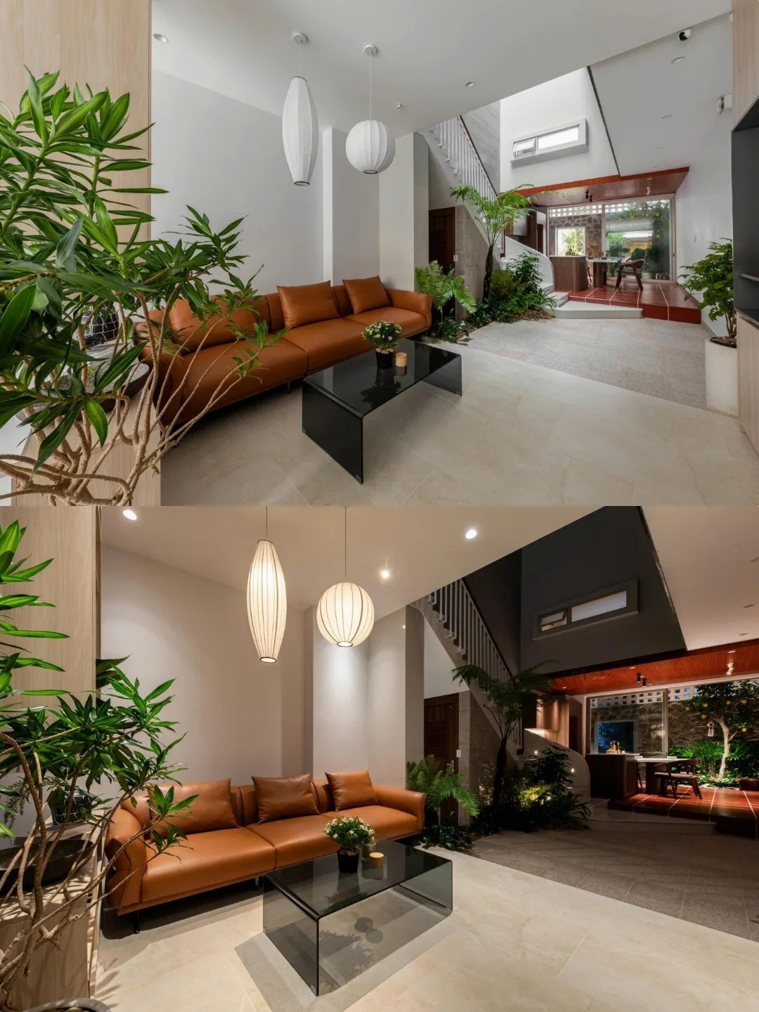 نمای خارجی و داخلی خانه چهار طبقه «شهر غربی» (Casa Cidade do Oeste) در ویتنام با مساحت ۹۰ متر مربع، که طراحی آن شامل نمای ساده، لایه‌های انبوه گیاهی برای حفظ حریم خصوصی، و فضاهای داخلی پلان باز با نورگیر مرکزی برای ایجاد محیطی آرام و روشن است.