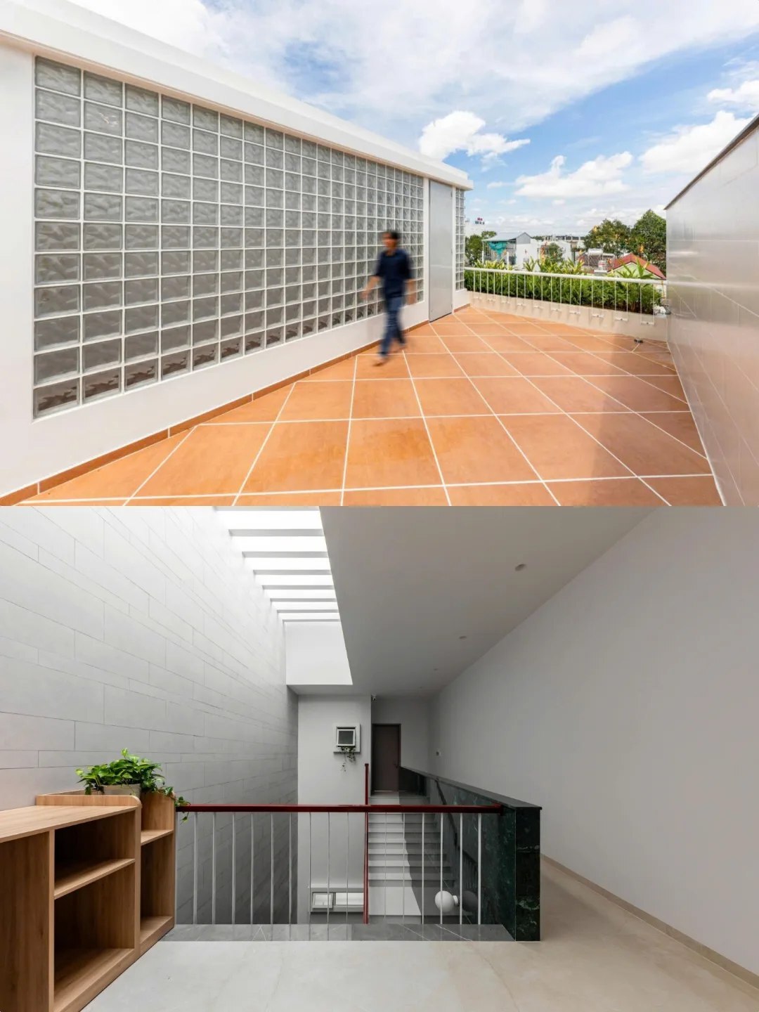 نمای خارجی و داخلی خانه چهار طبقه «شهر غربی» (Casa Cidade do Oeste) در ویتنام با مساحت ۹۰ متر مربع، که طراحی آن شامل نمای ساده، لایه‌های انبوه گیاهی برای حفظ حریم خصوصی، و فضاهای داخلی پلان باز با نورگیر مرکزی برای ایجاد محیطی آرام و روشن است.