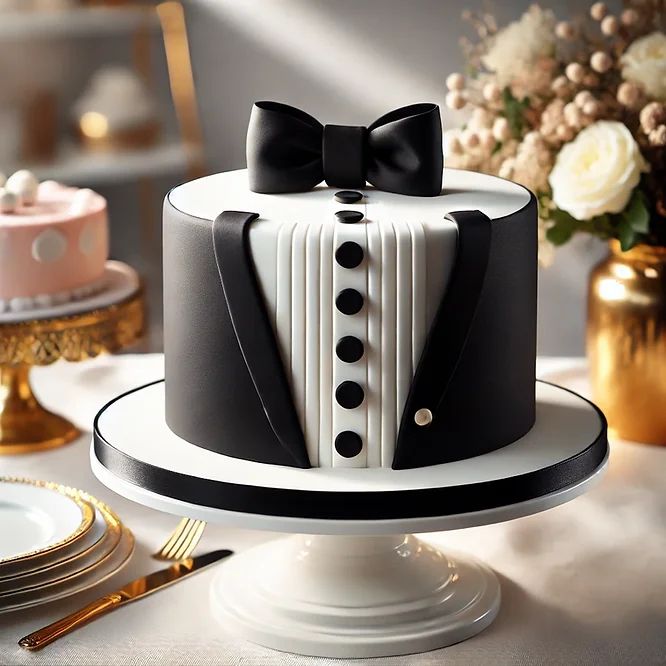 کیک تولد سفید مشکی مردانه