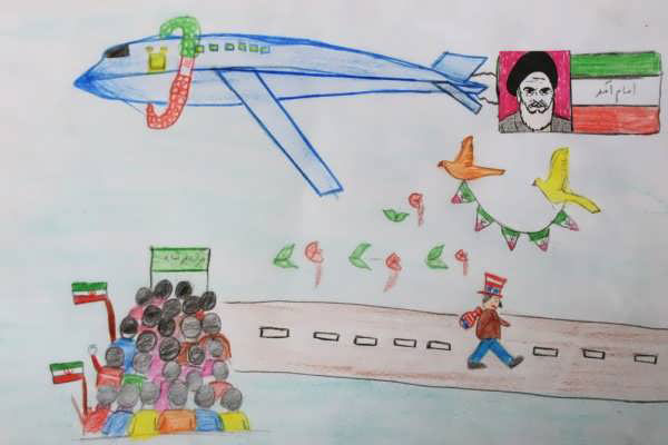 نقاشی دهه فجر، هواپیمایی که بر سر مردم گل می‌ریزد.