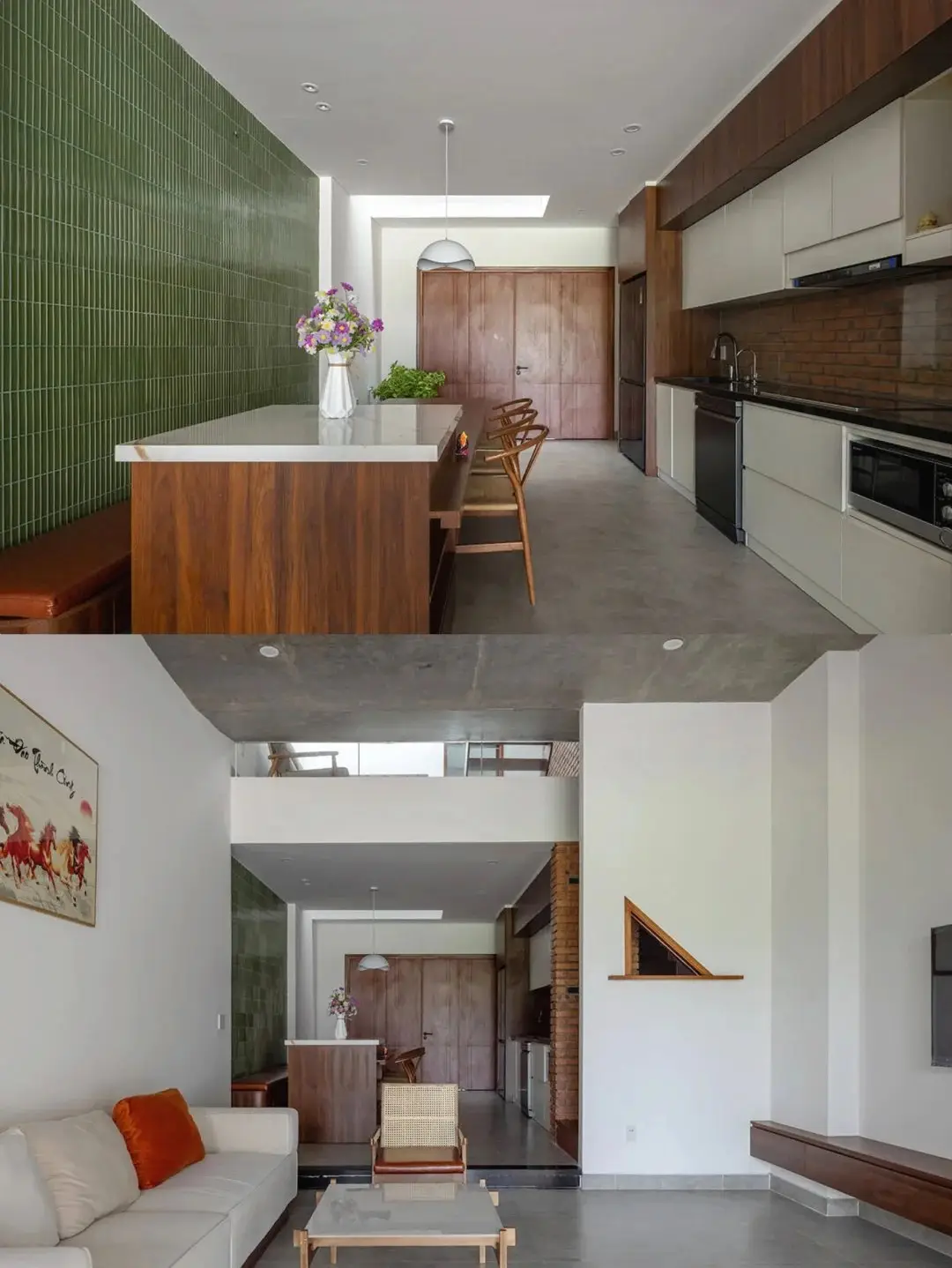 نمای خارجی مدرن خانه برنج قهوه‌ای با ترکیب آجرهای سفالی ترکوتا، بلوک‌های شیشه‌ای رنگی و فضای سبز که نشان‌دهنده معماری پایدار و نورپردازی طبیعی است.