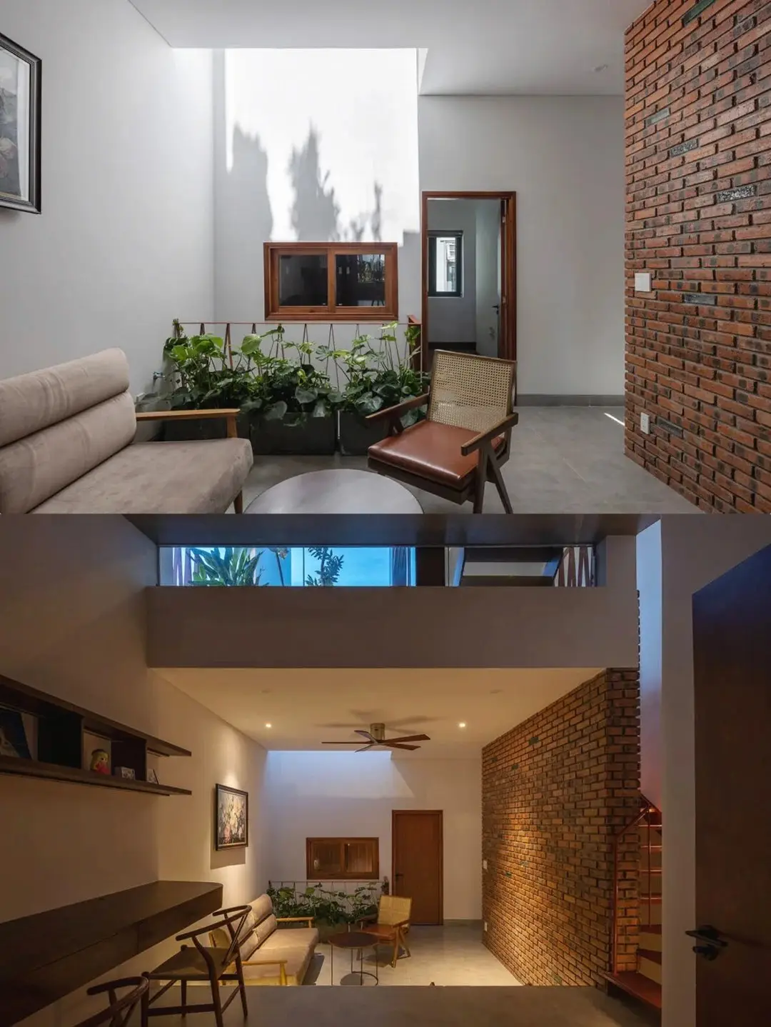 نمای خارجی مدرن خانه برنج قهوه‌ای با ترکیب آجرهای سفالی ترکوتا، بلوک‌های شیشه‌ای رنگی و فضای سبز که نشان‌دهنده معماری پایدار و نورپردازی طبیعی است.