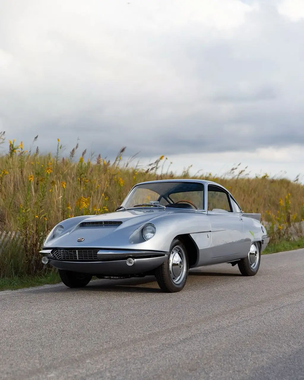 نمای نزدیک از طراحی آیرودینامیک و بدنه مجسمه‌گونه یک خودروی کلاسیک برتونه متعلق به اواخر دهه ۱۹۵۰ با باله‌های نمادین و خطوط تیز بدنه.