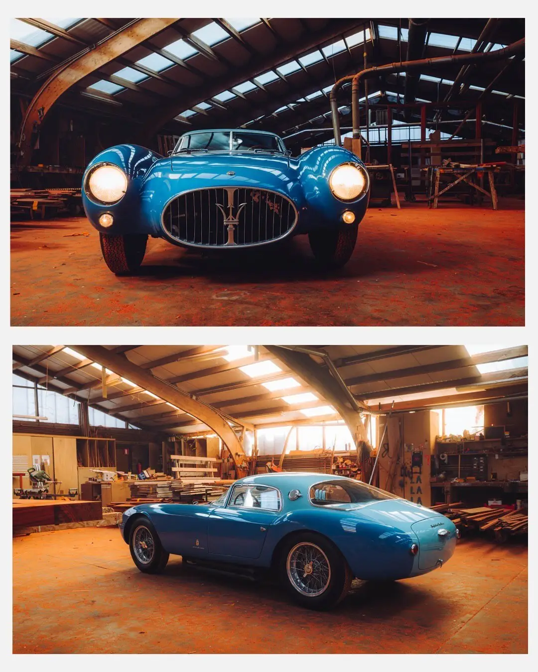 نمای جلویی و جانبی خودروی کلاسیک مازراتی A6GCS فارینا برلینتا به رنگ آبی متالیک با رینگ‌های پره‌ای در مقابل یک بنای سنتی اروپایی.