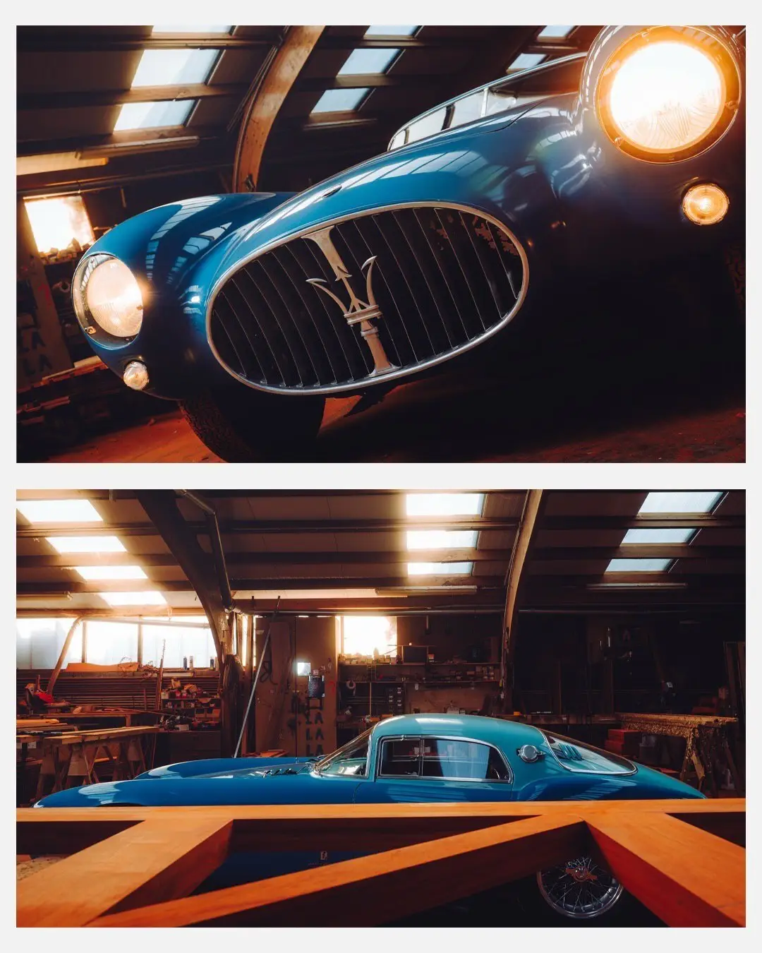 نمای جلویی و جانبی خودروی کلاسیک مازراتی A6GCS فارینا برلینتا به رنگ آبی متالیک با رینگ‌های پره‌ای در مقابل یک بنای سنتی اروپایی.