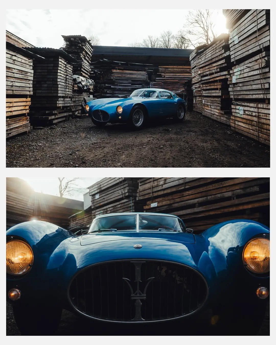 نمای جلویی و جانبی خودروی کلاسیک مازراتی A6GCS فارینا برلینتا به رنگ آبی متالیک با رینگ‌های پره‌ای در مقابل یک بنای سنتی اروپایی.