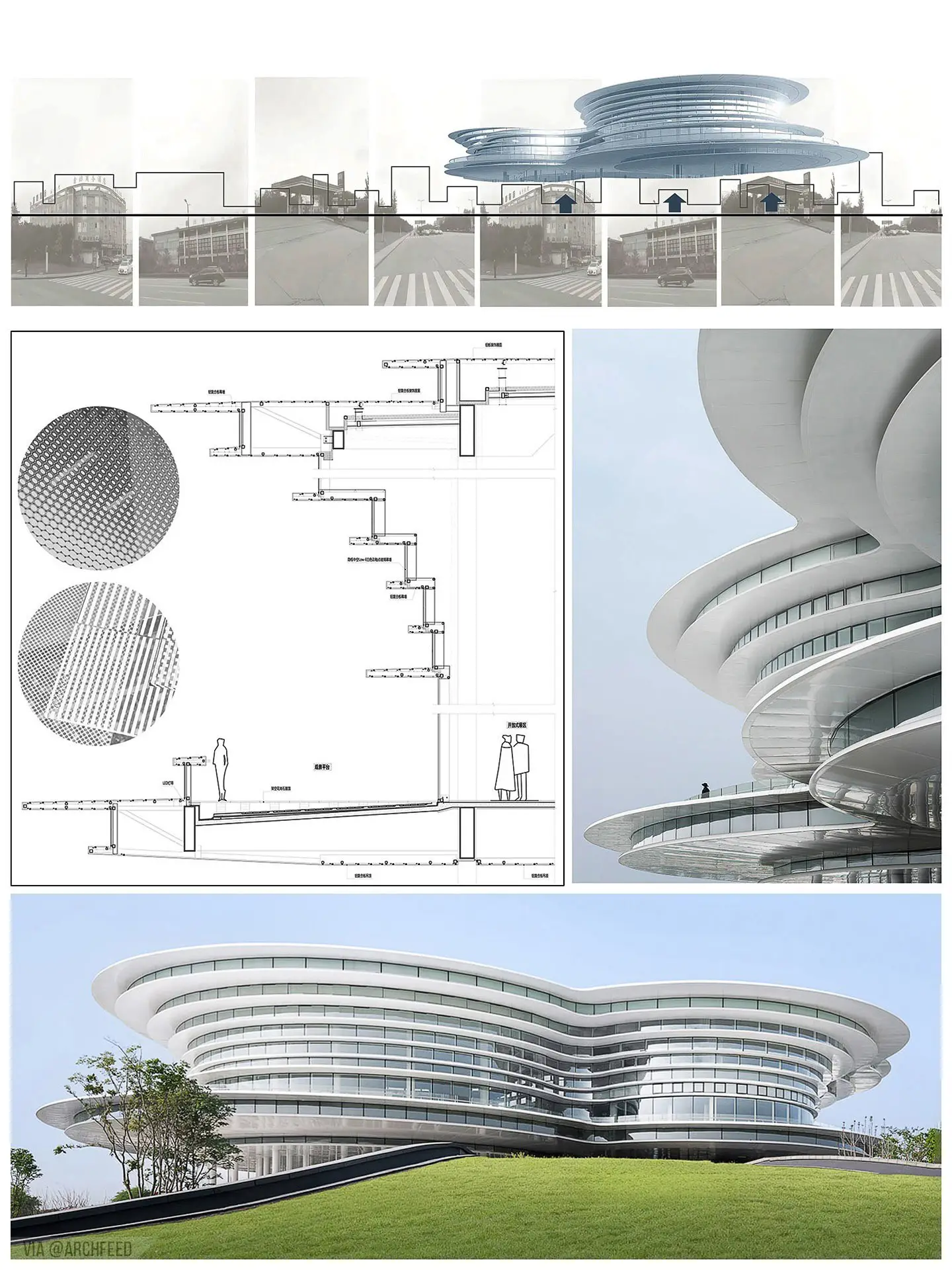 نمای ساختمان مدرن و معلق مرکز نمایشگاهی ابر فرودگاه چنگدو با طراحی سفید و کشیده بر فراز فضای سبز که نشان‌دهنده سبک معماری انتزاعی شرکت CSWADI است.