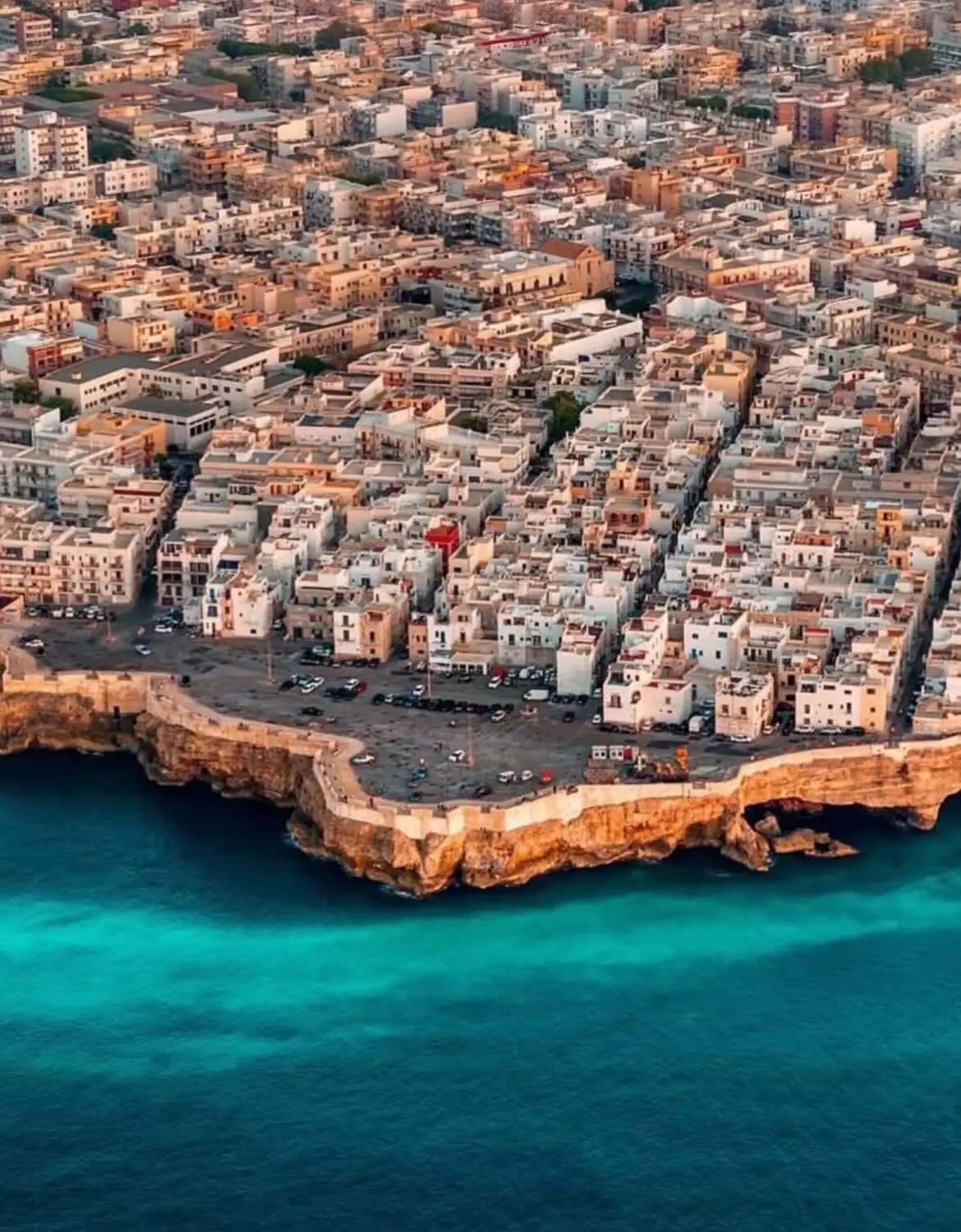 نمای هوایی عمودی از خانه‌های سفید با سقف‌های مسطح در شهر ساحلی پولینیانو آ ماره ایتالیا که در لبه صخره‌های مرتفع کنار دریای آبی قرار گرفته‌اند.