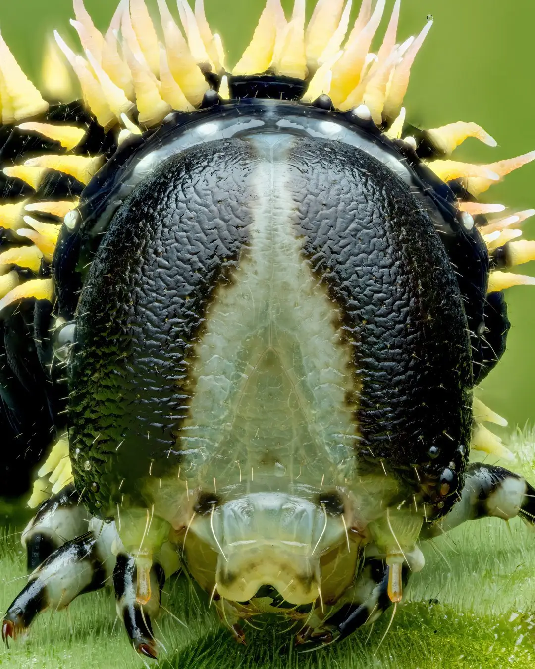 تصویر ماکرو کرم ابریشم سیاه با شاخهای زرد درخشان و خارهای برجسته در محیط جنگلهای بارانی میندور اکوادور. تصویر ماکرو کرم ابریشم سیاه با شاخهای زرد درخشان و خارهای برجسته در محیط جنگلهای بارانی میندور اکوادور.