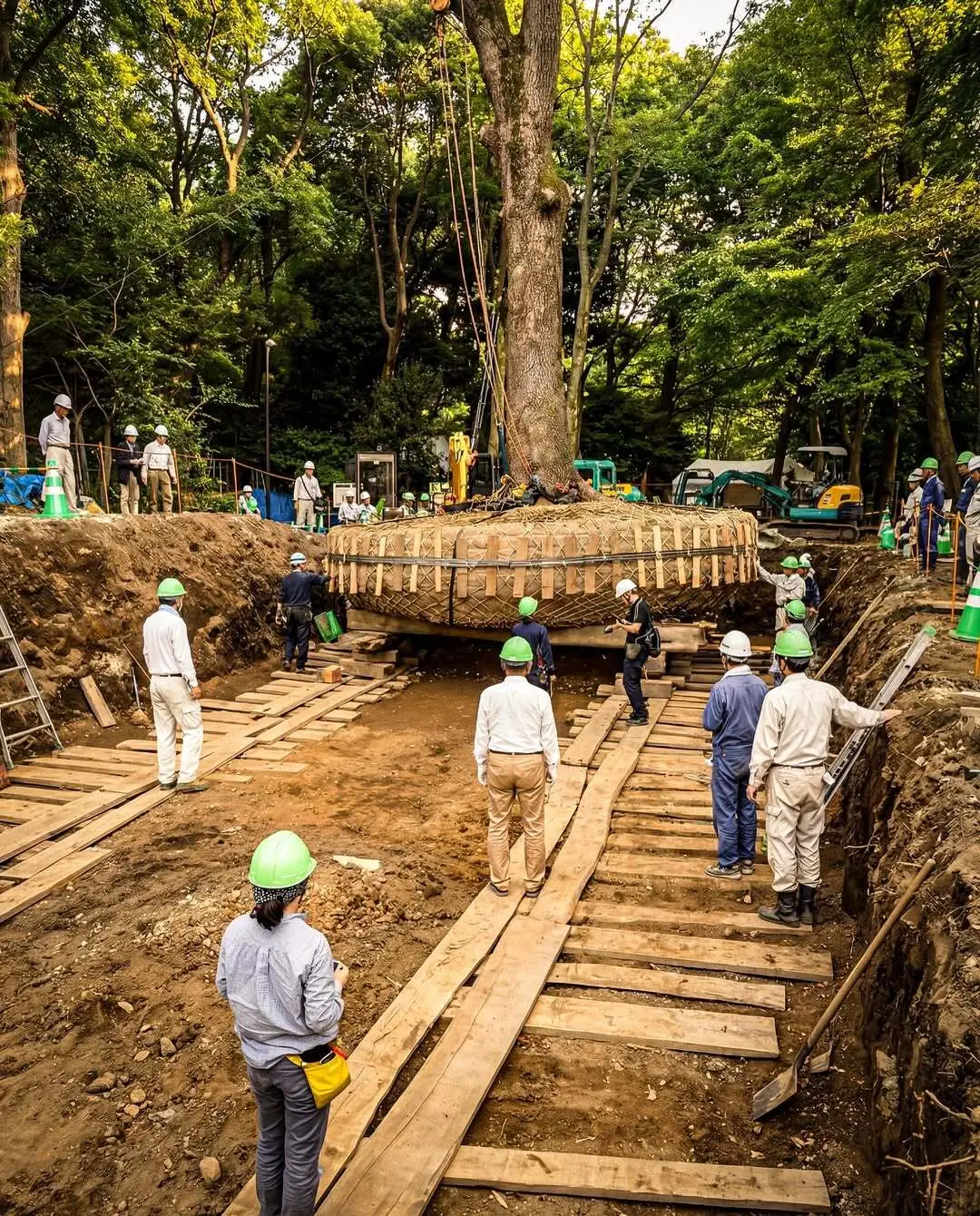 عملیات جابه‌جایی درخت بزرگ با جرثقیل در پروژه‌های جاده‌سازی ژاپن