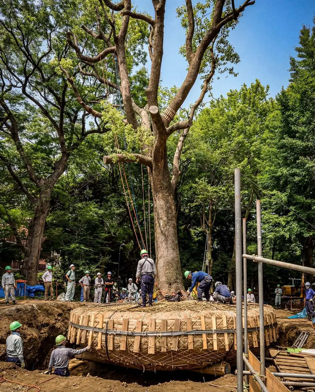 عملیات جابه‌جایی درخت بزرگ با جرثقیل در پروژه‌های جاده‌سازی ژاپن
