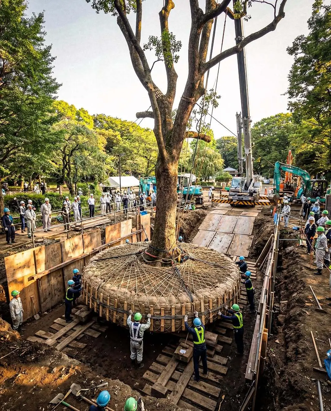 عملیات جابه‌جایی درخت بزرگ با جرثقیل در پروژه‌های جاده‌سازی ژاپن