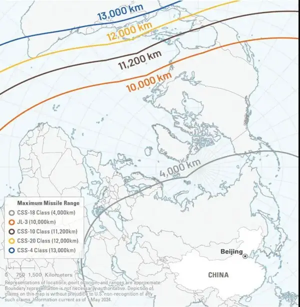 نقشه پنتاگون از برد مختلف موشک های چینی