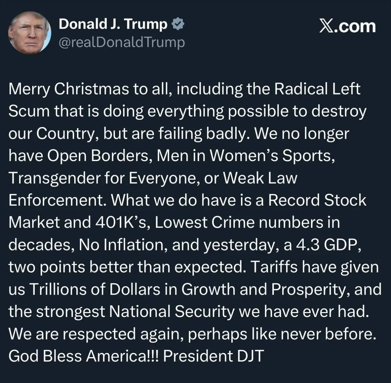 ترامپ در پیام کریسمس خود منتقدان را آشغال خطاب کرد!