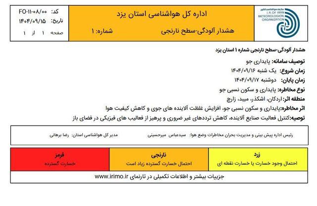 افزایش آلودگی هوا در یزد/تغییر رنگ هشدار هواشناسی از زرد به نارنجی