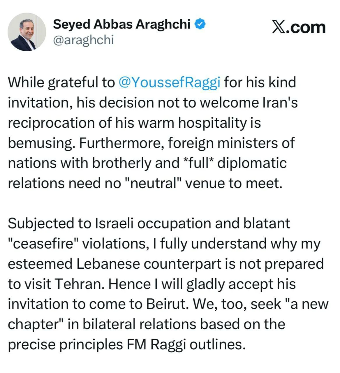 پاسخ عراقچی به همتای لبنانی؛ ما نیز خواهان «فصلی جدید» در روابط دوجانبه هستیم