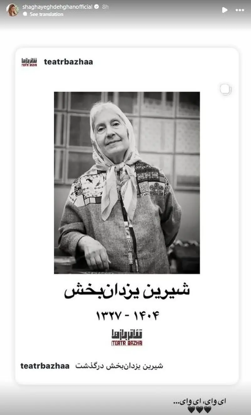 استوری برای فوت شیرین یزدان بخش