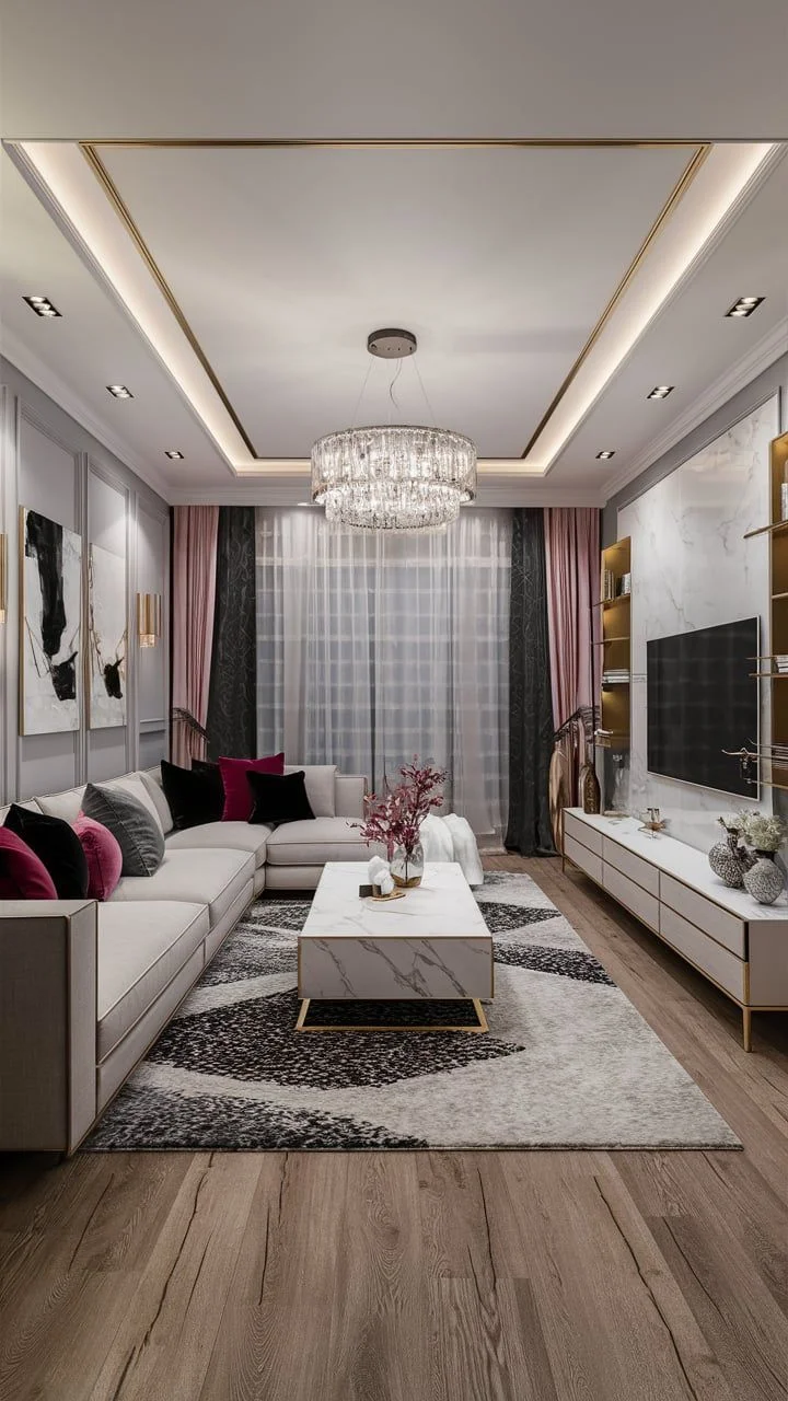 چیدمان پذیرایی مستطیل باریک