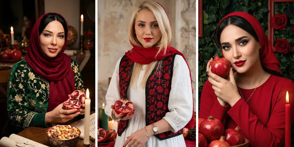 استایل‌های قرمز مخمل بازیگران در شب یلدا؛ گرمایی که از قاب هوش مصنوعی می‌تابد!