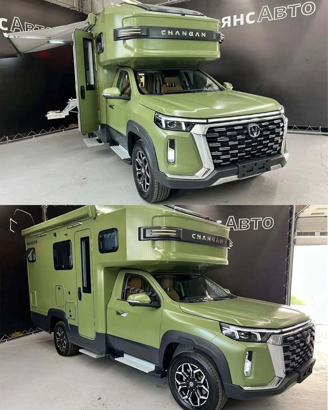 نمای خارجی خودرو کمپر چانگان Peak View RV مدل ۲۰۲۵ بر پایه پیکاپ هانتر در طبیعت، مجهز به سایه‌بان برقی و تجهیزات کمپینگ آفرودی.