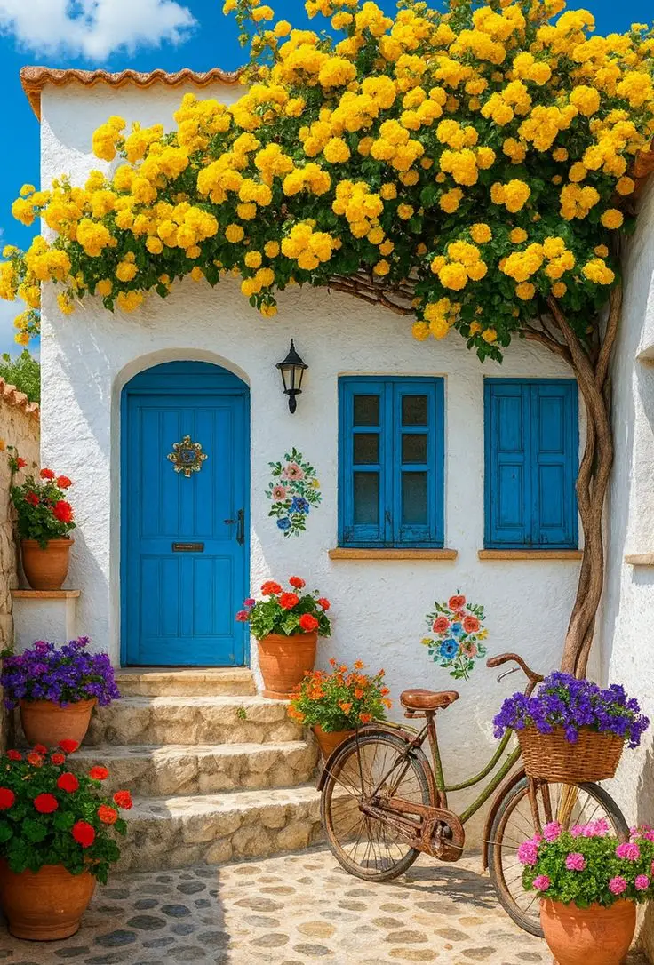  گل کاری جلوی در و تزیین ورودی با گل طبیعی