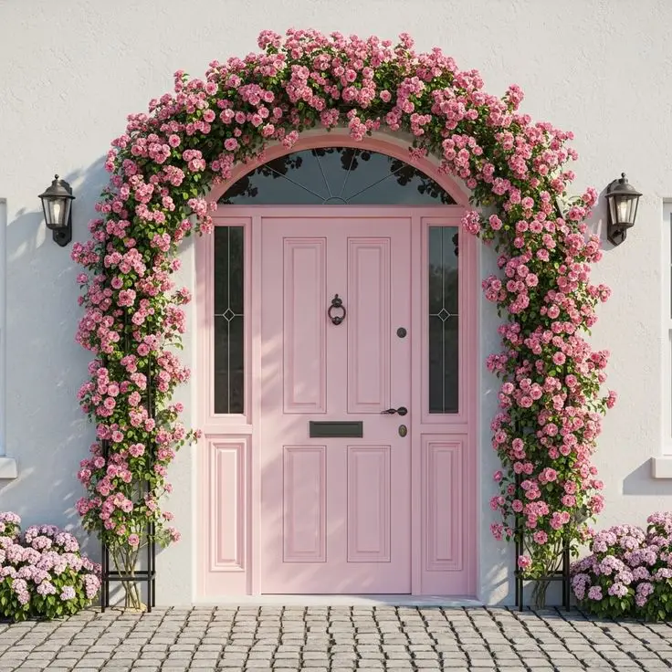  گل کاری جلوی در و تزیین ورودی با گل طبیعی