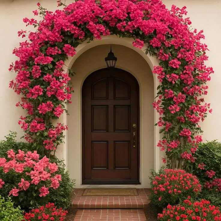  گل کاری جلوی در و تزیین ورودی با گل طبیعی